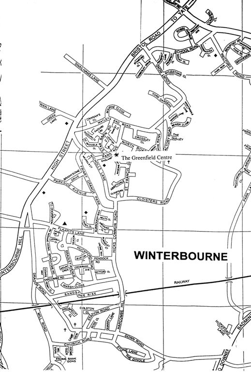 local street map of Winterbourne showing Greenfield Centre Parish Council offices